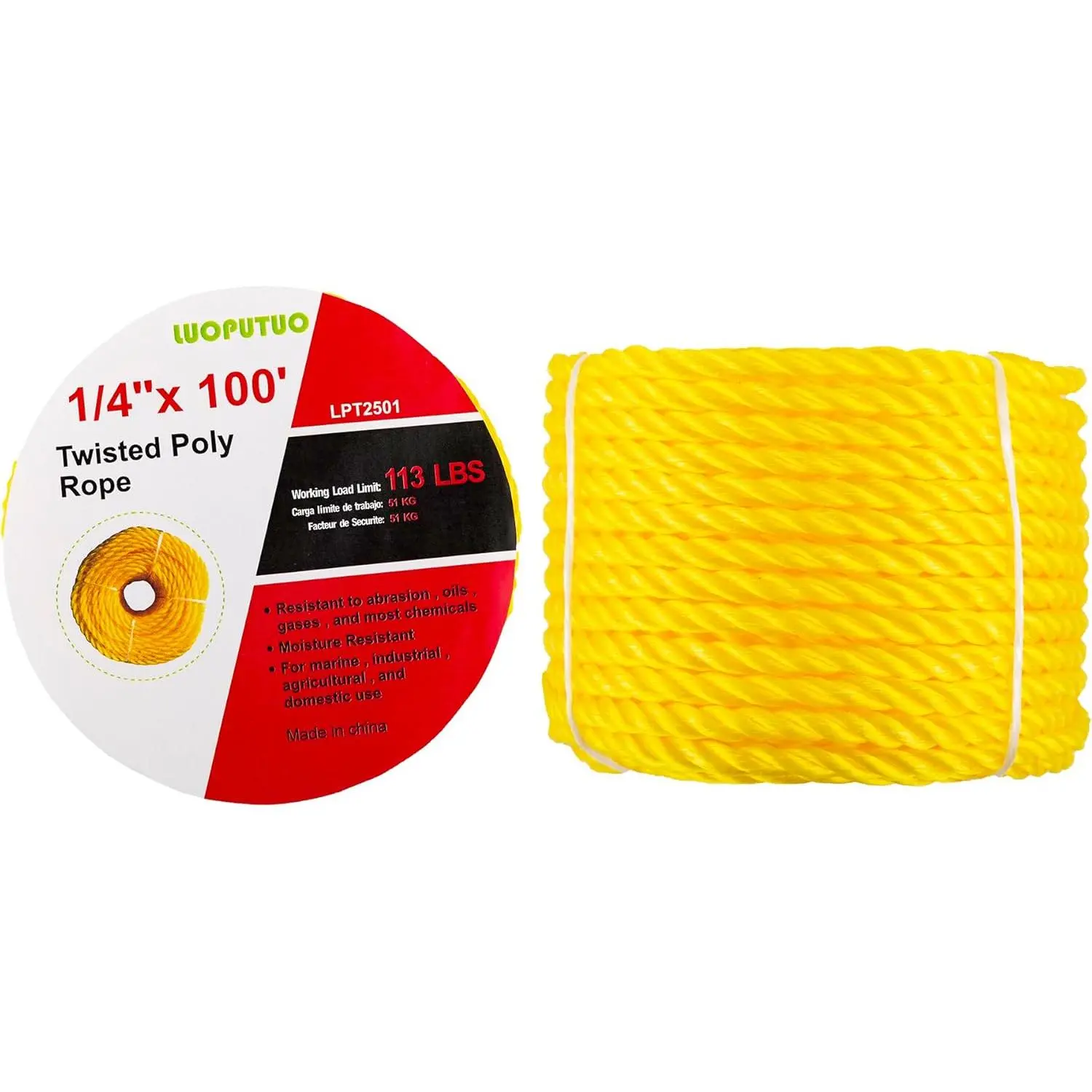 1/4 Inch × 100 FT Yellow Twisted Polypropylene Rope – Resists Oil & Moisture, Anti-Slip, Easy to Knot, Flexible, Floats, Stretch Resistant for Marine and Utility Use