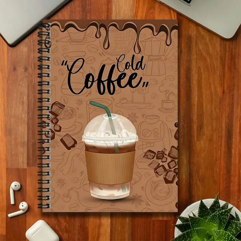 A creative cold brew coffee-themed spiral notebook, featuring a cover with an image of an iced coffee cup and coffee-themed patterns, artistic and fresh. Suitable for work records, study notes, diary writing, etc., it is an excellent gift choice whether f