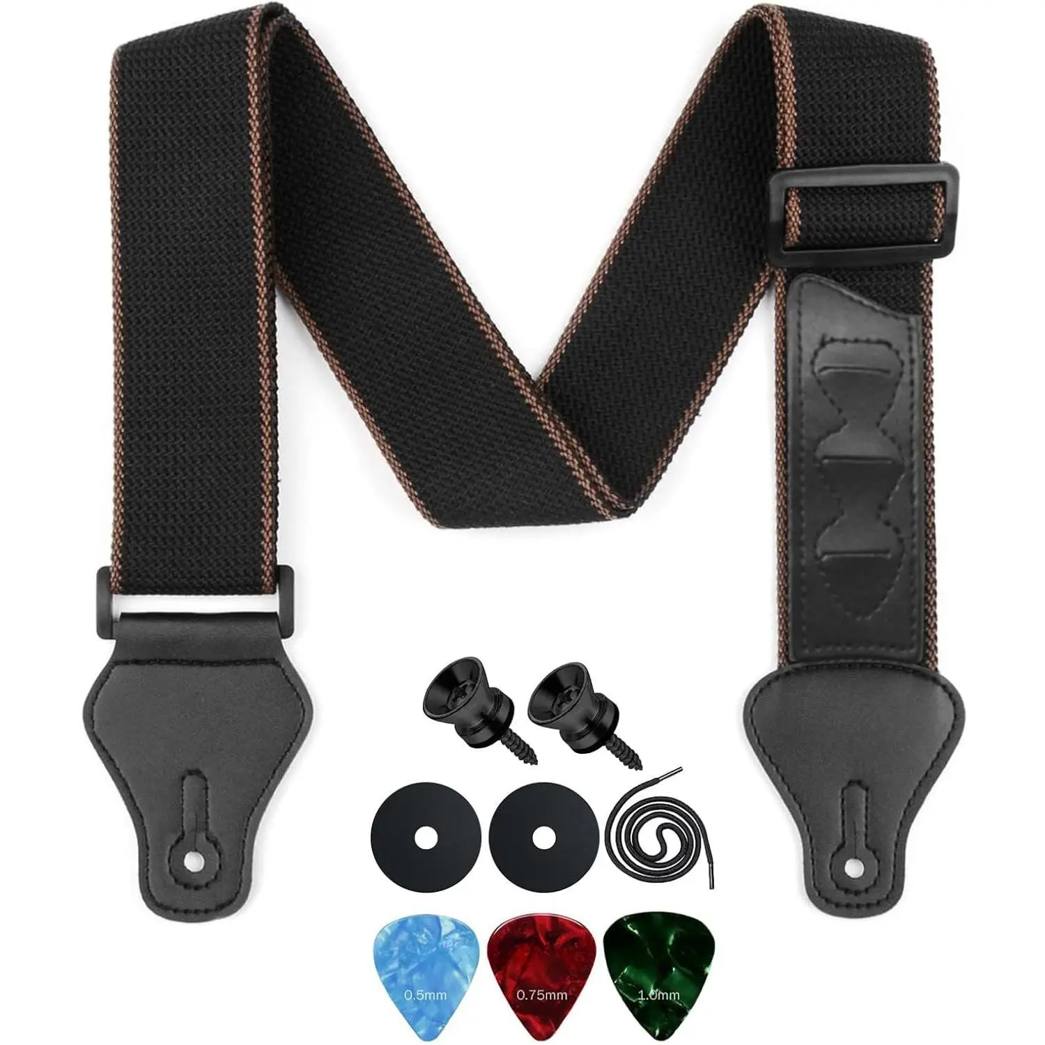 Adjustable Black Guitar Strap Kit with Locks and Picks | Soft 2"  Strap with Leather Ends, 35"-59.5" in Length, Guitar Accessories Kit for Acoustic Electric Bass Daily Playing