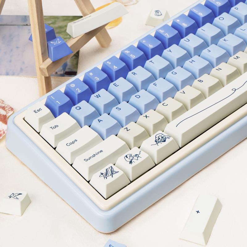Blue White PBT Keycaps, MOA Profile, Custom Keyboard Keycap, Minimalist Style Dye Sub Keycaps, 130 Keys Anime Keycap Set for Cherry Gateron MX Switches Gaming Keyboard