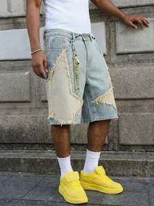 American Vintage Patchwork Jeans Shorts, Geometric Colorblock Washed, Summer Music Festival High Waist Long Leg Look