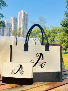 Personalized Letter Print Canvas Tote Bag for women, Large Capacity Reusable Handbag for women, Lightweight Zipper Closure Makeup Pouch,Beach/Travel and Shopping bag,Birthday Gifts for Mom Grandma Sister | Ideal for Valentine Mother's Day Christmas
