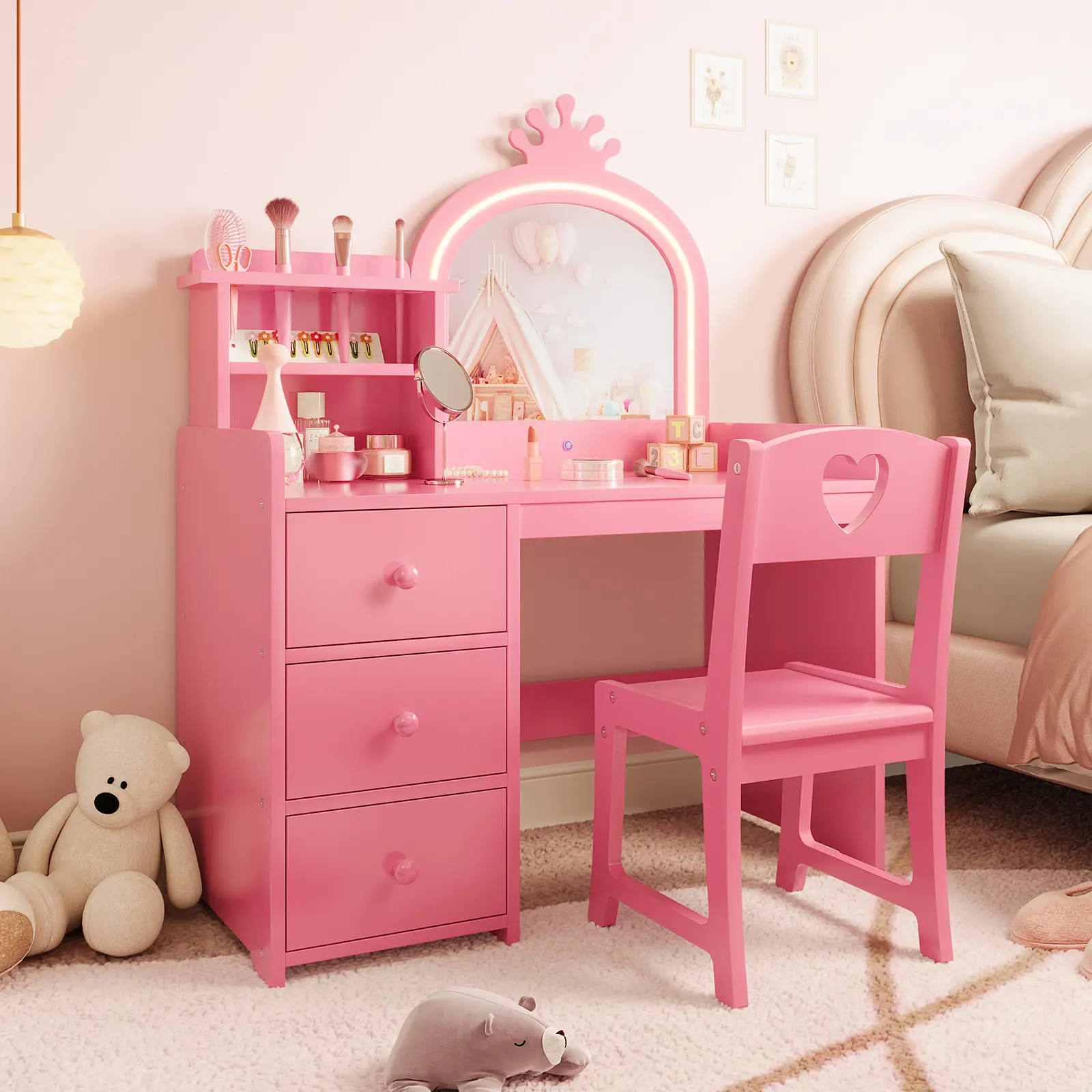 Kids Vanity Table and Chair Set for Little Girls, Crown-Shaped Mirror with LED Lights, Makeup Vanity Desk with Drawers, Brush Holders & Storage Shelves, Wooden Princess Dressing Table