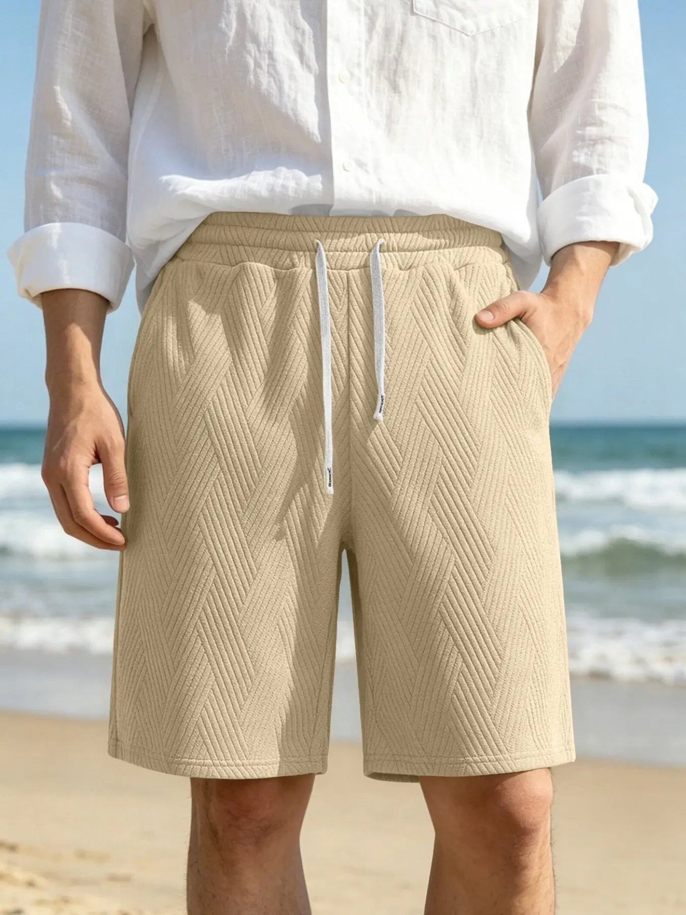 Men's Summer White Textured Casual Sports Shorts, Loose Straight Cut   Drawstring Waist, Breathable and Comfortable, Essential for Gifting