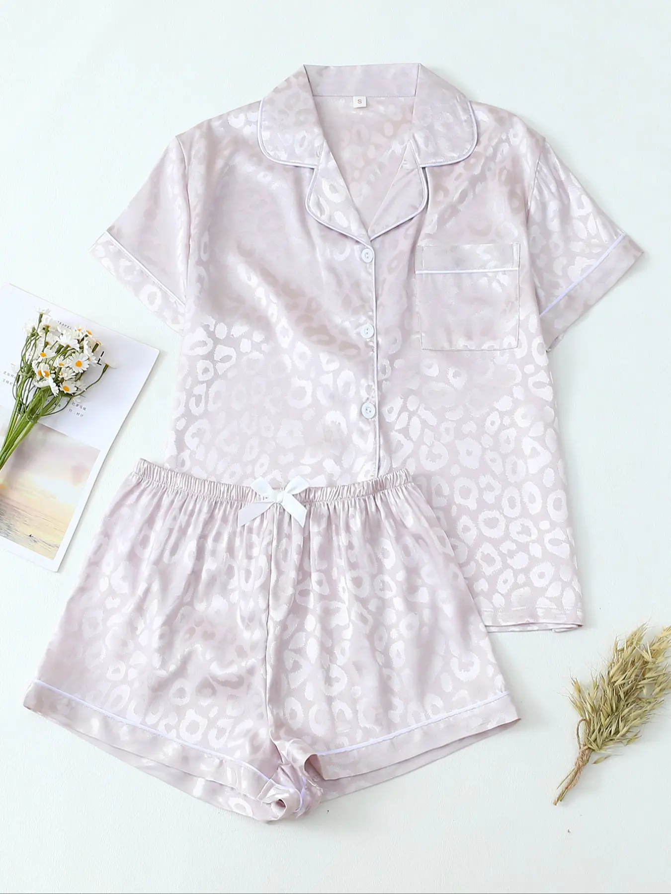 Women's Satin Leopard Print Pajamas Set, Summer Casual Loose-Fit Sleepwear, Loungewear, Short Sleeve Shirt & Elastic Waist Shorts, Soft Comfortable Fabric, Smooth