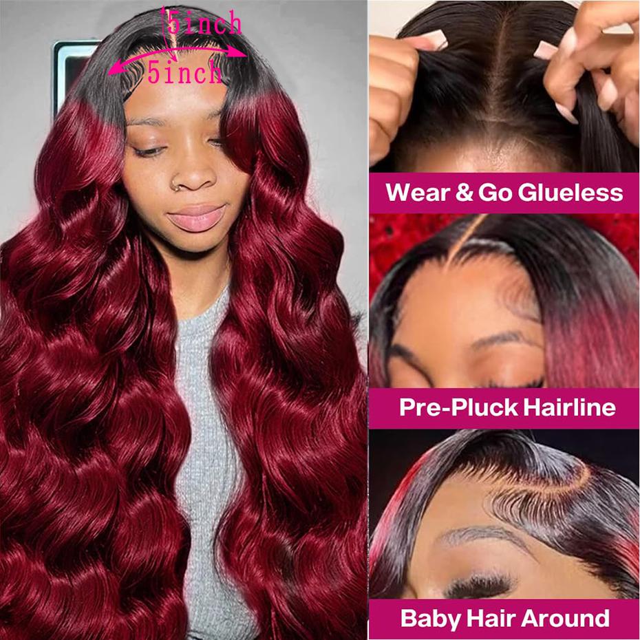 【New In】T1B 99j Burgundy 5x5 Glueless Wigs Omber 1b 99j Body Wave Pre Cut Hd Lace Closure Wig Human Hair Pre Plucked For Women Ready to Wear Glueless Wigs Bling Hair