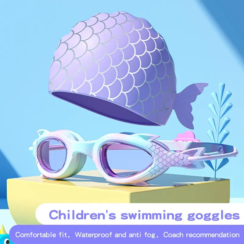 Swim Goggles and Cap Set, Girl Waterproof Anti-Fog High Definition, Comfortable Mermaid Swimming Gear, Playful Water Sports Equipment