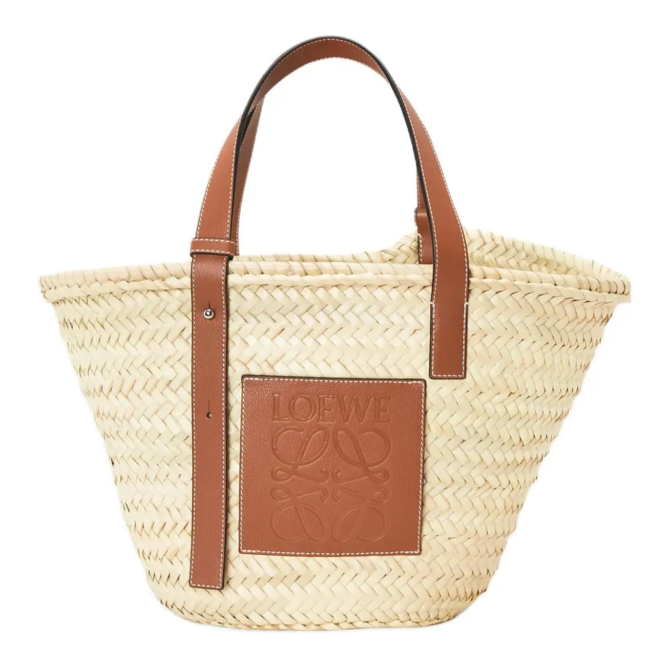 Loewe Basket Anagram Woven Palm-Leaf and Calfskin Handbag for Women, Adjustable Handle, Natural Brown