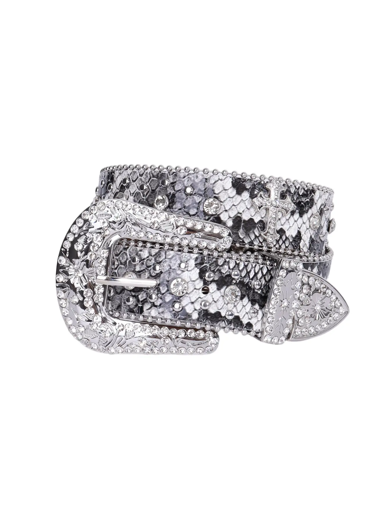 Monochrome Snake Skin Studded Cross Rhinestone Belt, Punk Fashion Snakeskin Print, Silver Color Buckle, Y2K Gothic Cowboy Waist Strap, Unisex Bling Accessory
