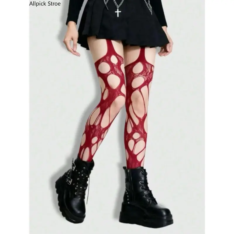 Women Ripped Fishnet Tights, Black Goth Punk Stretch Mesh Pantyhose for Y2K Festival Halloween Daily Layering Outfits