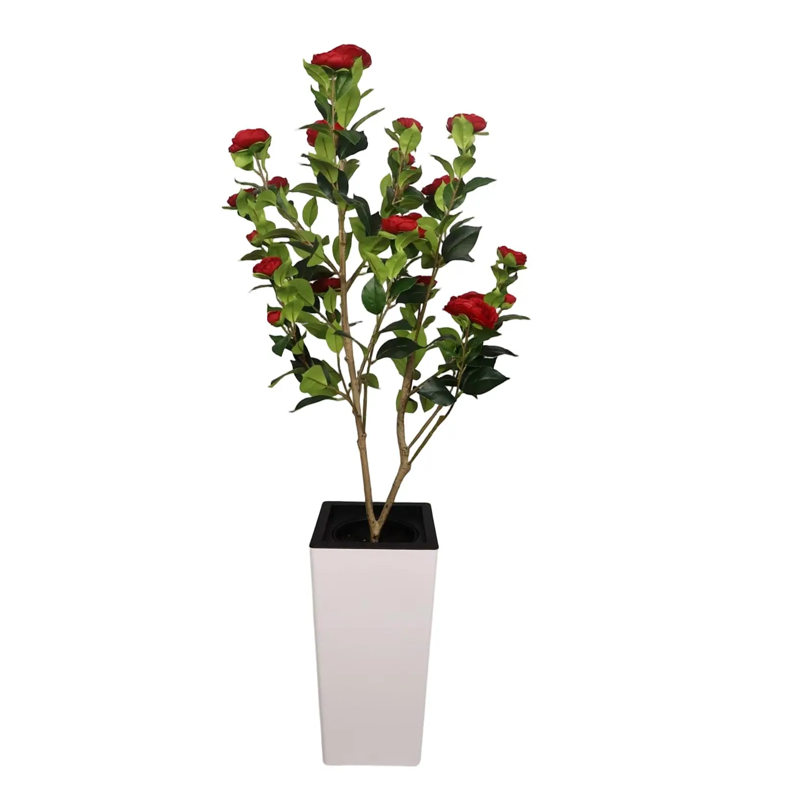 Real Touch Artificial Camellia Rubber Tree - Red Flowers - Lifelike Faux Plant in White Planter - Indoor Decorative Greenery