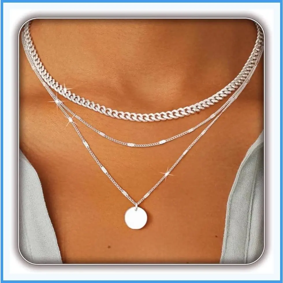 14K Gold Plated Layered Necklace for Women Trendy Dainty Stackable Cuban Link Herringbone Paperclip Chain Pendant Set with Diamond/Coin/Cross/Tag/Mobius Charms Fashion Jewelry Gift