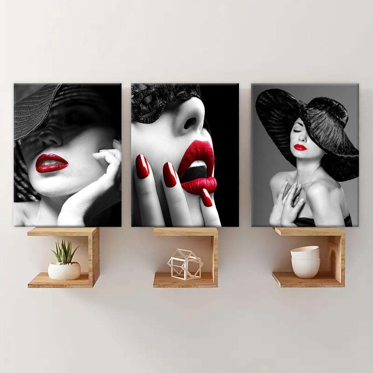 Wooden Framed Canvas Painting, 3 Counts/set Modern Fashion Woman Pattern Wall Art, Wall Decor, Art Wall Decoration for Home Living Room Bedroom Office