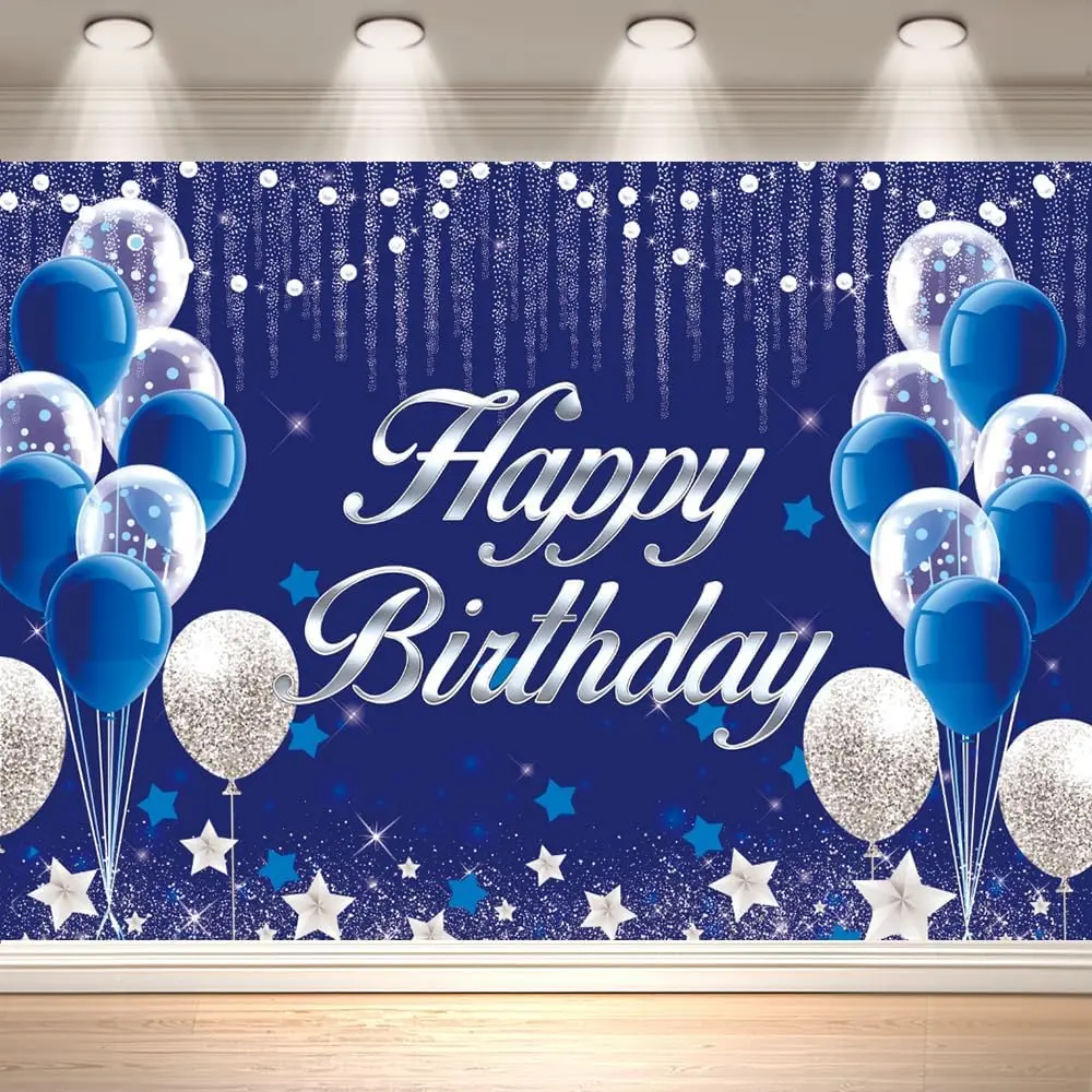 7x5 FT Happy Birthday Backdrop - Birthday Decorations for Men Women Boys Girls Blue Sliver Birthday Party Banners Photography Background Sign Theme Party Decor Indoor Outdoor