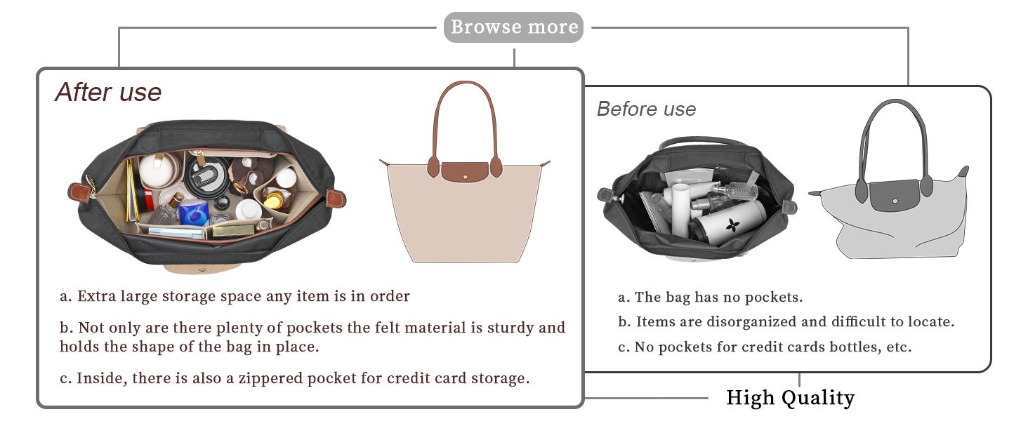 Felt Purse Organizer Insert for Longchamp Le Pliage Bag, Handbag Leather edge Longchamp Organizer Insert with Cup Holder Tote Organize(Black, Large)