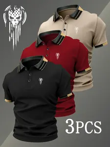 Men's Golf Polo Shirt Set, Usa Flag & Skull Print, Fitted Casual Top, Breathable Stretch Fabric, All-Season Comfort, High-Quality
