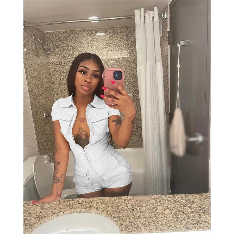Streetwear Zipper Pockets Shorts Jumpsuit Women Clothing Short Sleeve Skinny Cargo Playsuit Summer Casual Pieces Romper