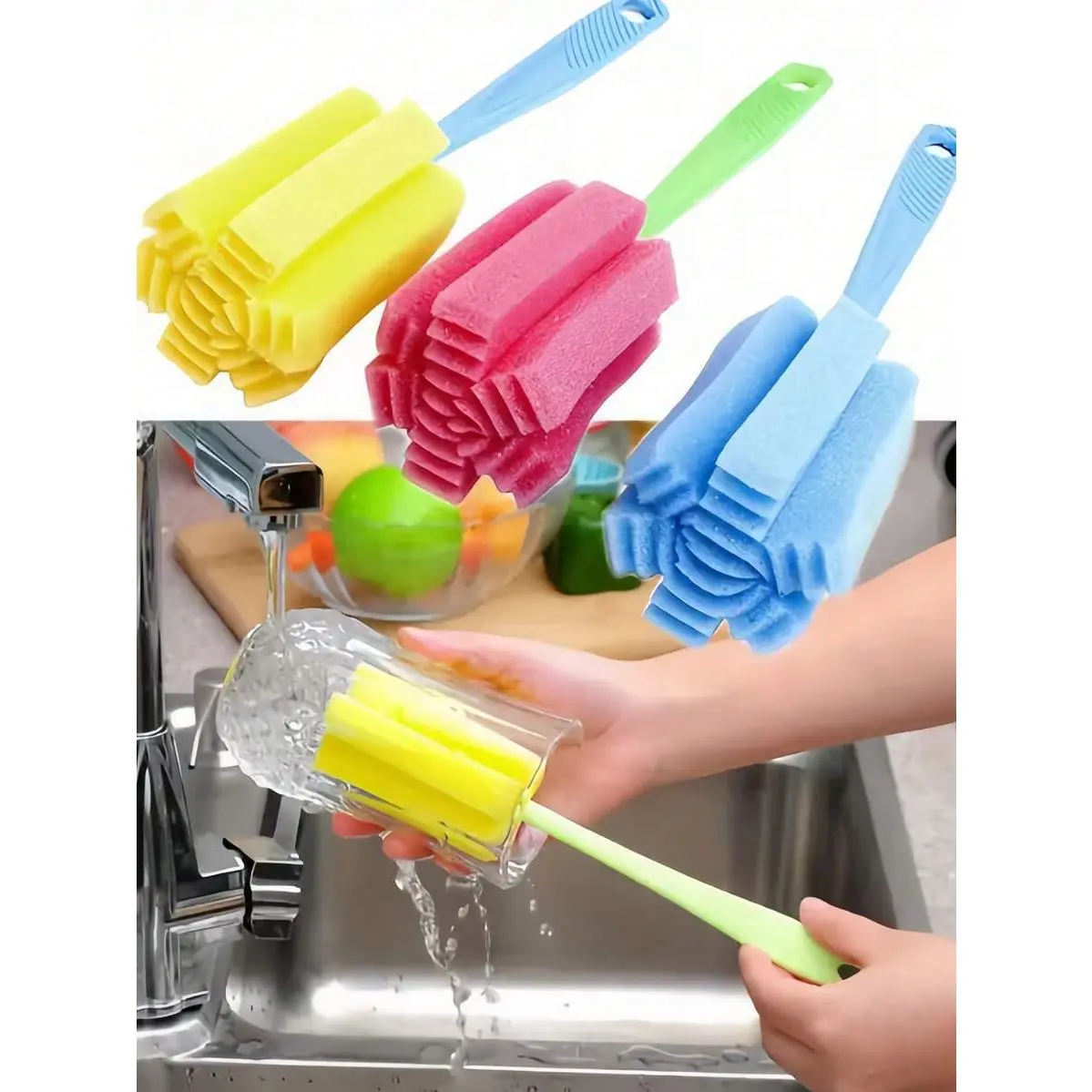 Non Electric Sponge Brush With Long Handle - Durable Plastic Kitchen Cleaning Tool For Glass Bottles, Cups, Etc. - Random Color Wiper For Home And Commercial Use, Sponge Cleaning, Bottle Cleaning, Multifunctional Cleaning Tool, Ergonomic Handle