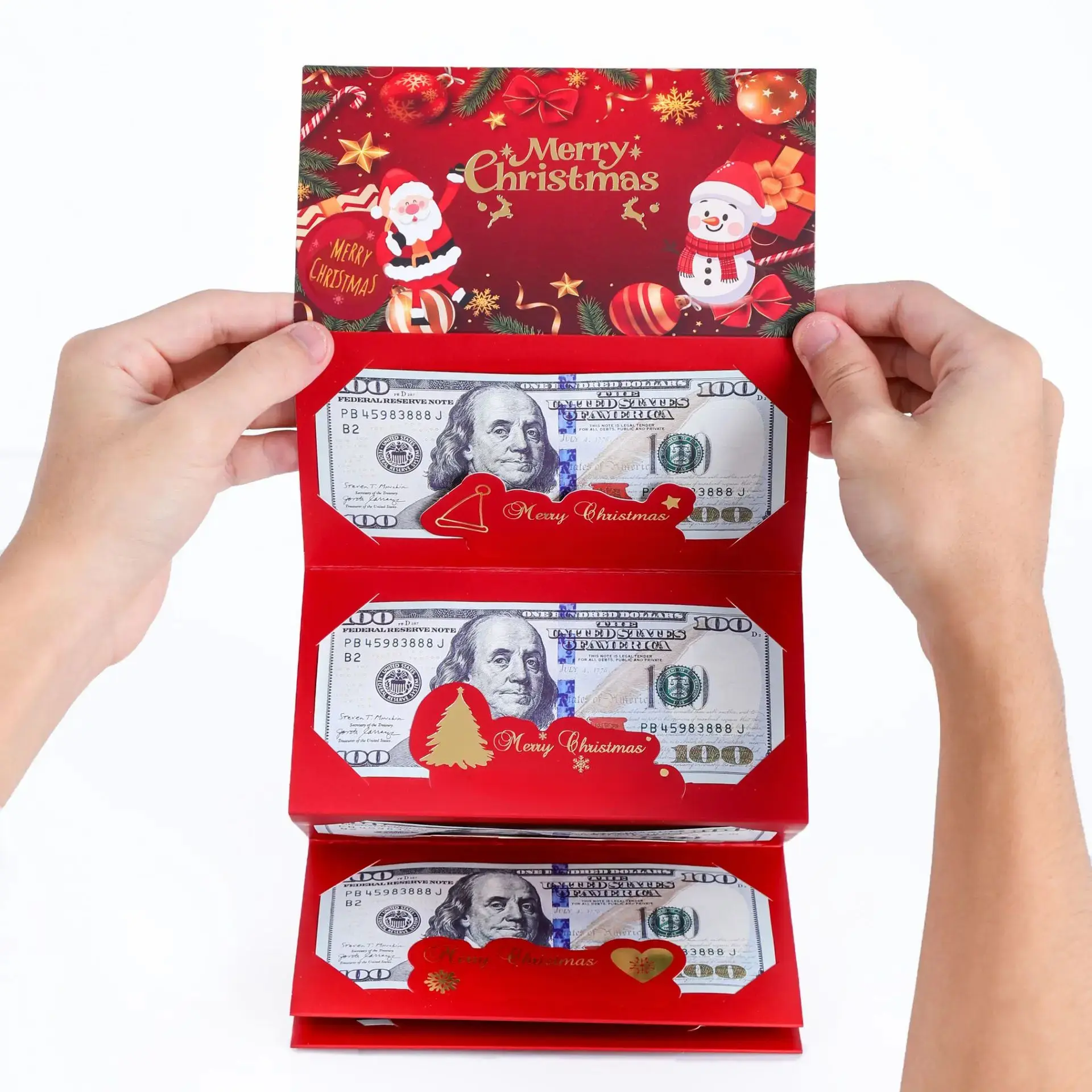 Christmas Santa Dollar Folding Red Envelope 6-Slot DIY Gold Stamping Set with Envelope & Ribbon, Holiday Gift Red Packet Party Decoration