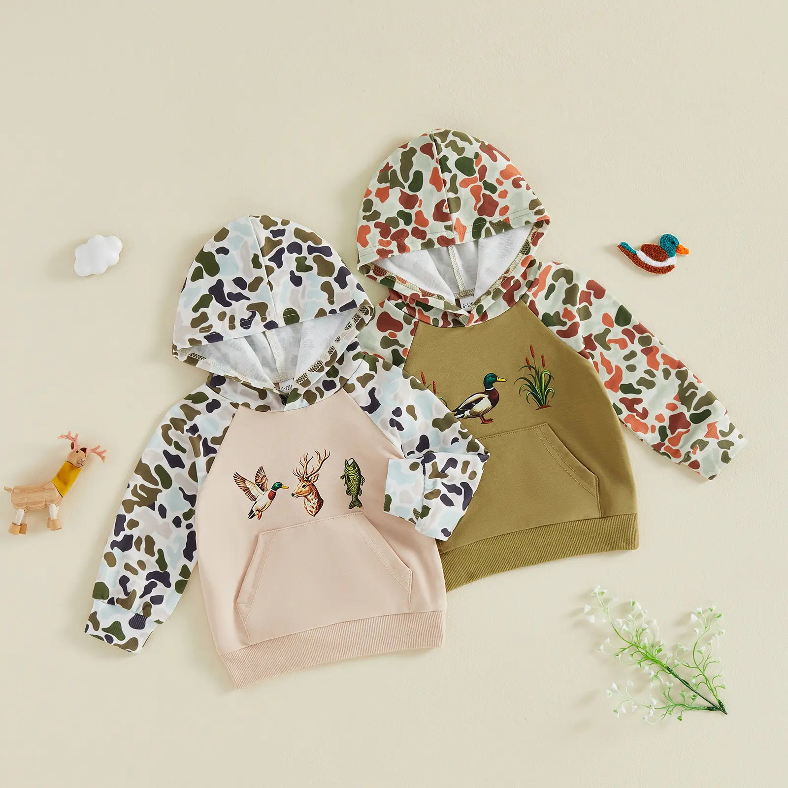 Toddler Boy Long Sleeve Hoodie - Camouflage Duck Print, Elastane Fabric, 18-24 Months, 1x Hoodies, Lullaby-Ready, Yes for Comfortable Baby Tops, 2 - 3 Years