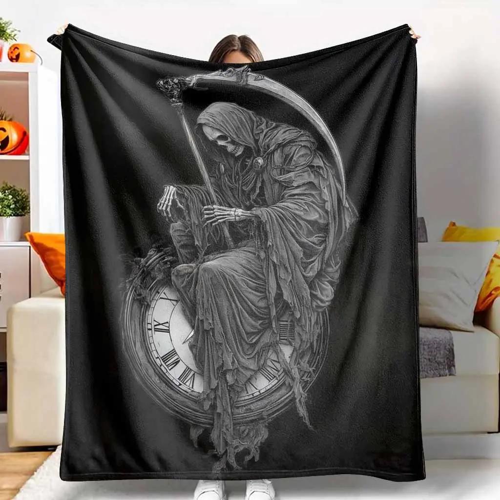 Grim Reaper Flannel Blanket, Death & Time Clock Print, Lightweight, Super Soft, AntiPilling, Suitable for Halloween, Gothic Home Decor, Spooky Season Gift, Dark Fantasy Lovers, Living Room, Bedroom, Sofa, Couch, Travel, Camping, Outdoor Events.-280GSM