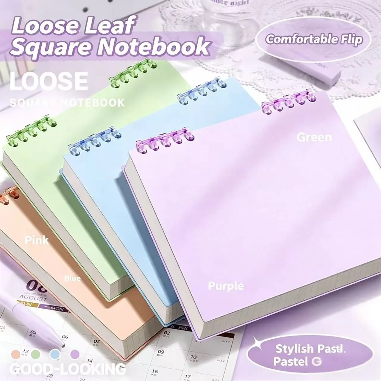 4pcs Square Loose-Leaf Notebooks, Detachable 360° Ruled Pages, Ideal for University Exams, Study Notes, Error Correction, Matte Cover