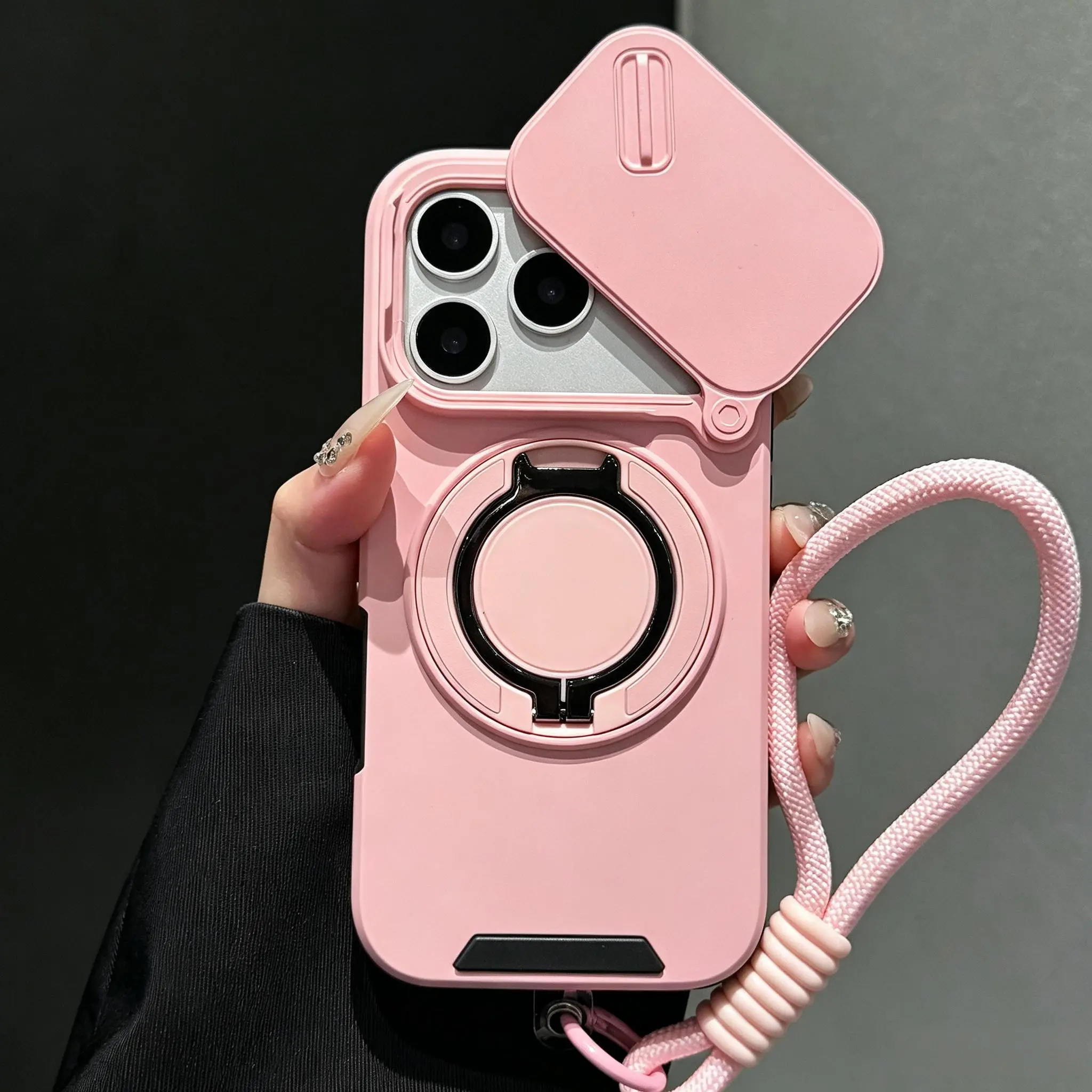 360° Rotating One-Piece Stand Stylish Casing with Lanyard, Sliding Camera Protection, and Shockproof Cover. Suitable for iPhone 17 Pro Max, 16 Pro,15, 14, 13, 12 and Plus, Series. Armored Magnetic Protective Phone Case Lanyard Phone Shell