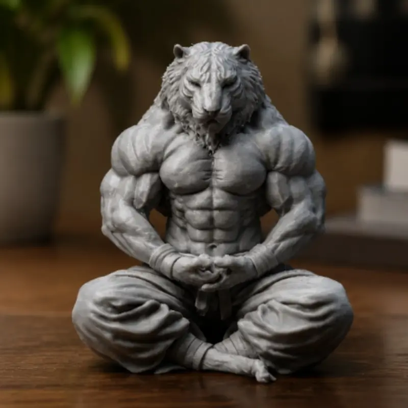 Zen Monk Tiger 3D Print Sculpture, Traditional Chinese Seated Muscle Tiger Statue, Desktop Decor, Bold Feng Shui Ornament, Gift for Men