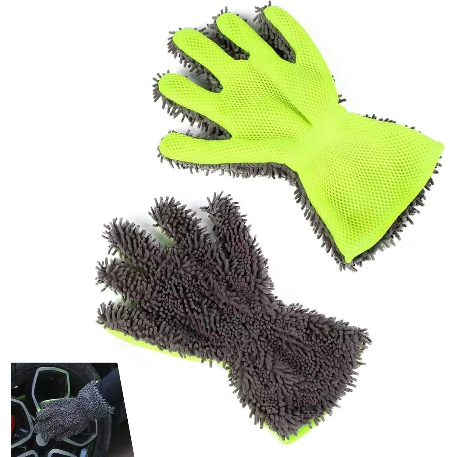 2 PCS 5‑Finger Microfiber Car Wash Mitts, Double‑Sided Coral Velvet Scratch‑Free Cleaning Gloves, Multi‑Use for Car Interior Exterior, DIY Car Owners & Family Household Users