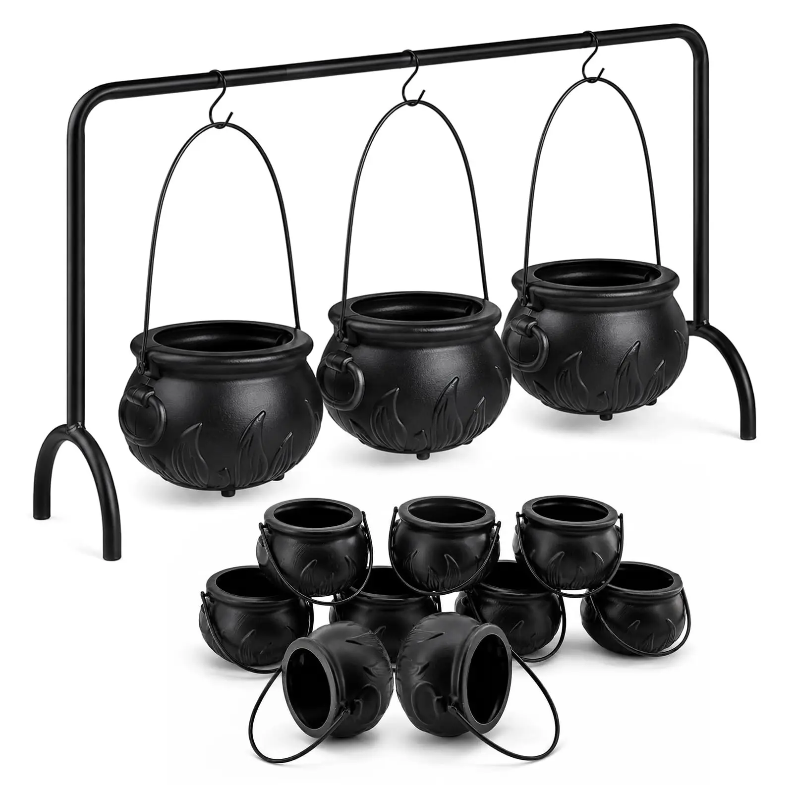Halloween Cauldron Table Decor, Set of 12 Large and Mini Black Plastic Hanging Cauldron Bowls with Iron Rack, Witches Cauldron Candy Serving Bowl for Party Home Kitchen Hocus Pocus Indoor Decorations