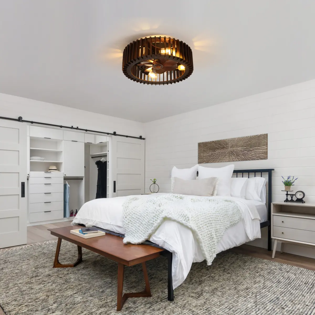 Semi Flush Mount Ceiling Light, Ceiling Light with Handcrafted Wooden Sat Shade ,for Bedroom Hallway Living Room Kitchen,4-Light Wooden Chandelier, 3 ABS Blades