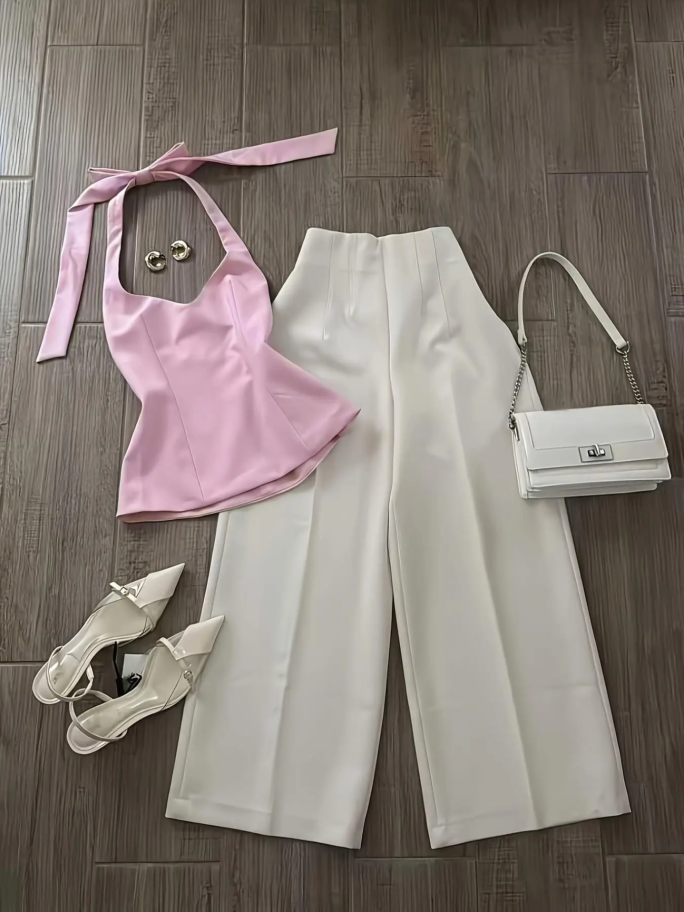 Women's Young Elegant Halter Top + Wide Leg Pants Set, Stylish Casual, Perfect for Daily Wear, Comfortable and Trendy