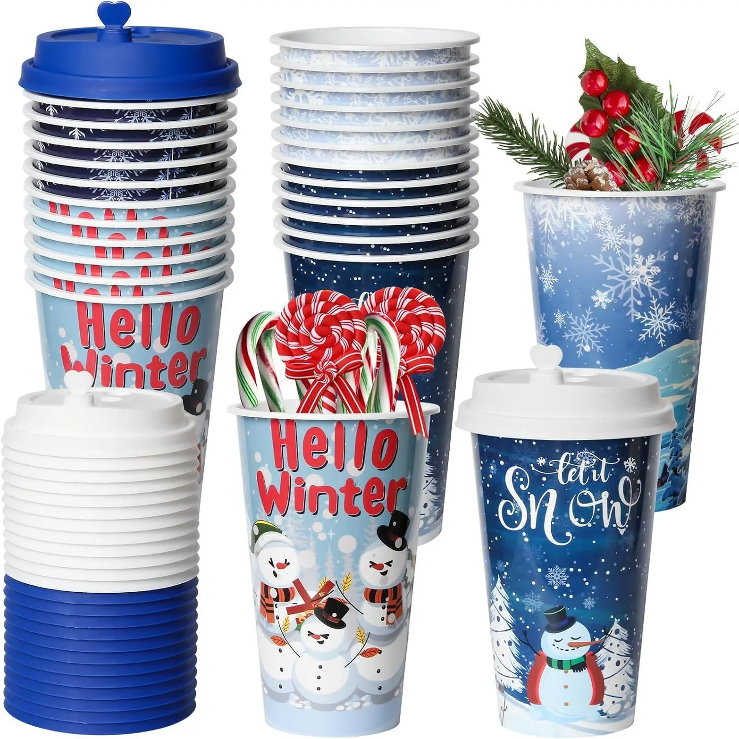 24  Christmas Cups Snow Winter Wonderland Party Favors, 16OZ  Frozen Plastic Cups for  Christmas Xmas Party Supplies with  Plugs