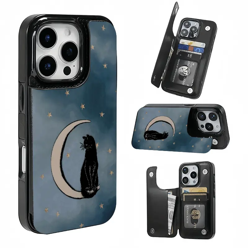Blue Starry Moon Black Cat Card Holder Phone Case for iPhone 17/16/15/14/13/12 - Slot for Bank/Transit Cards, Ideal Gift for Girls