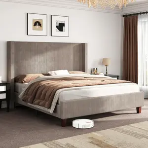 Modern Bedroom Furniture Corduroy Upholstered Platform Bed Frame - Queen/King/California King Sizes, 50.8in Vertical Channel Tufted Wingback Headboard, Stable Wooden Slats Support, No Box Spring Needed, Assembly Required, Platform Bedframes