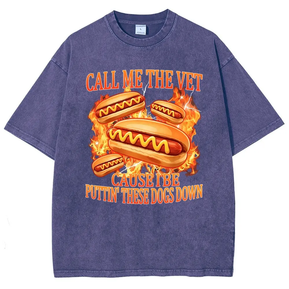 Unisex CALLMETHE VET Flame Grilled Hot Dog Lightning Graphict Washed T-Shirt Personalized Pattern Y2k Clothing Round Neck Washed T-Shirt,Women's Clothing 100% Cotton, Menswear, Top, Vintage Style,Summer Casual Oversized
