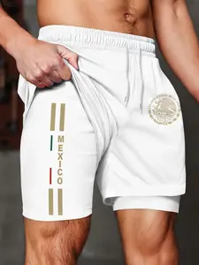 Men's Mexican Flag Vertical Stripe Print Shorts, Eagle Print, Anti-See-Through Lining, Breathable Fabric, Casual Sports Swim Trunks