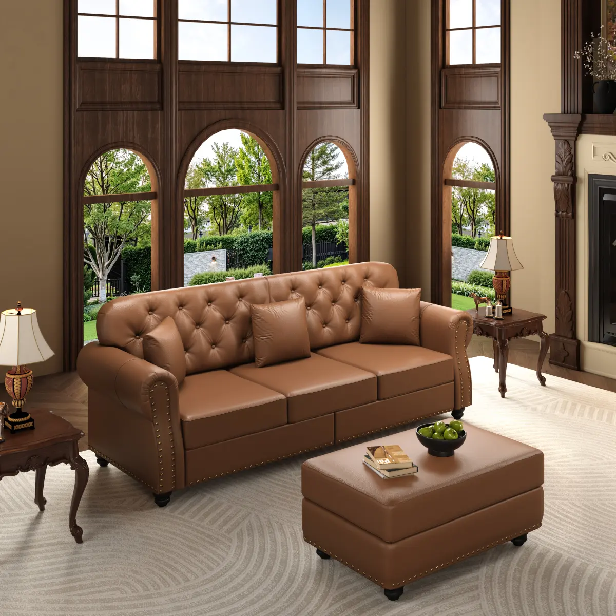 82.6'' Chesterfield Sofa Couch with Ottoman,Modern 3-Seater Button Tufted Couch with 3 Pillows,Deep Seat Rolled Arms Couches,Easy Assembly,Comfy Furniture for Living Room, Apartment