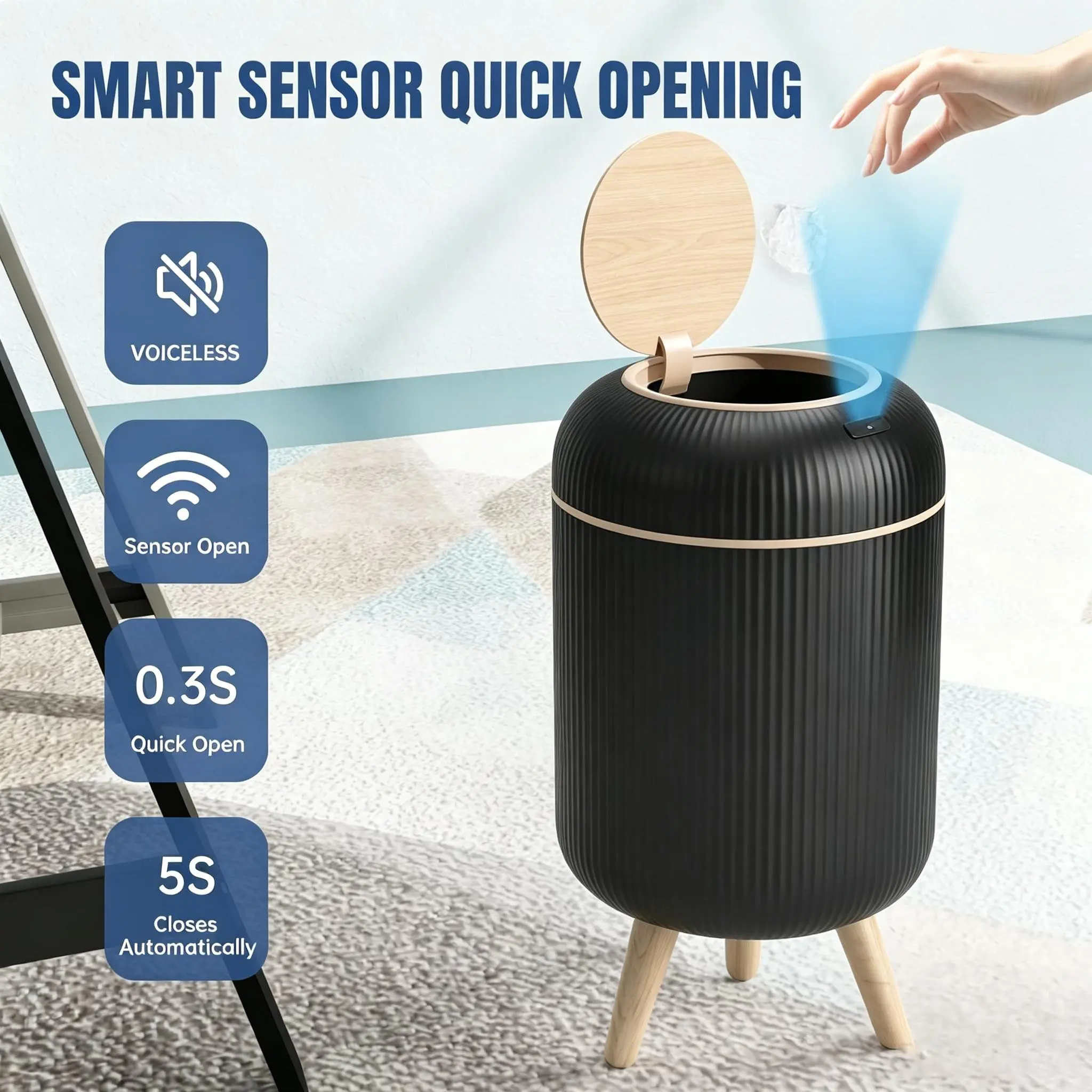 12L Wood Touchless Operation Waterproof Household Automatic Induction Garbage Bin - 0.3s Fast Opening, 5s Self-Closing, Sealed Anti-Odor, Leakproof Nordic Style Indoor Kitchen Storage Bucket