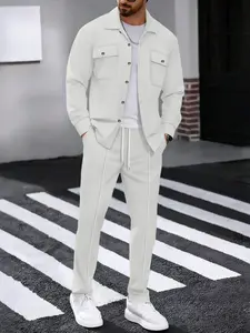 Men's Casual Two-Piece Set Suits, Long Sleeve Textured Shirt & Elastic Waist Pants, Comfortable Sportswear for Daily/beach/work Wear