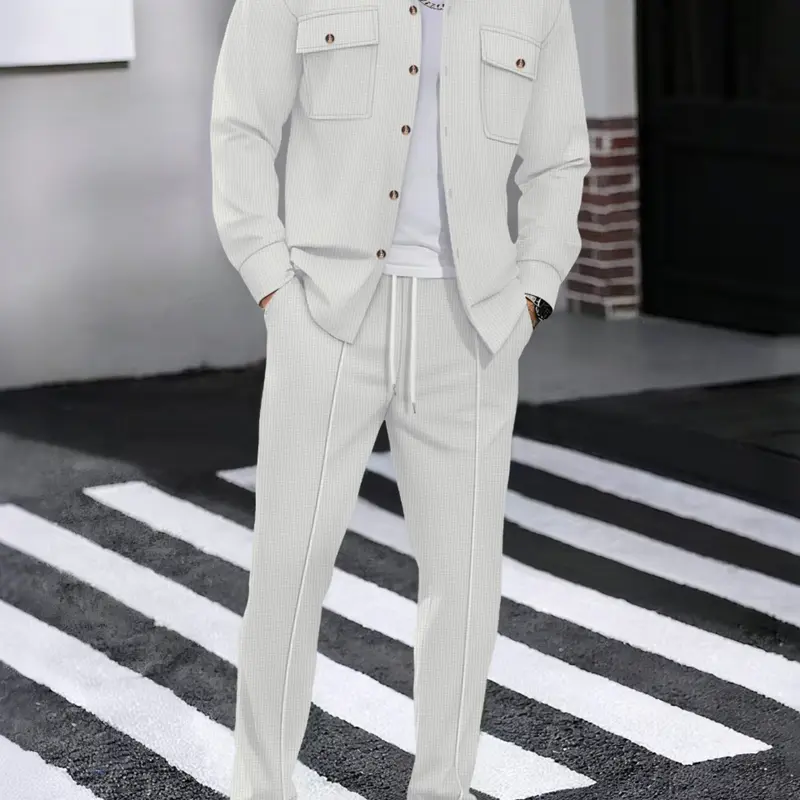 Men's Casual Two-Piece Set Suits, Long Sleeve Textured Shirt & Elastic Waist Pants, Comfortable Sportswear for Daily/beach/work Wear, Go Out Sets