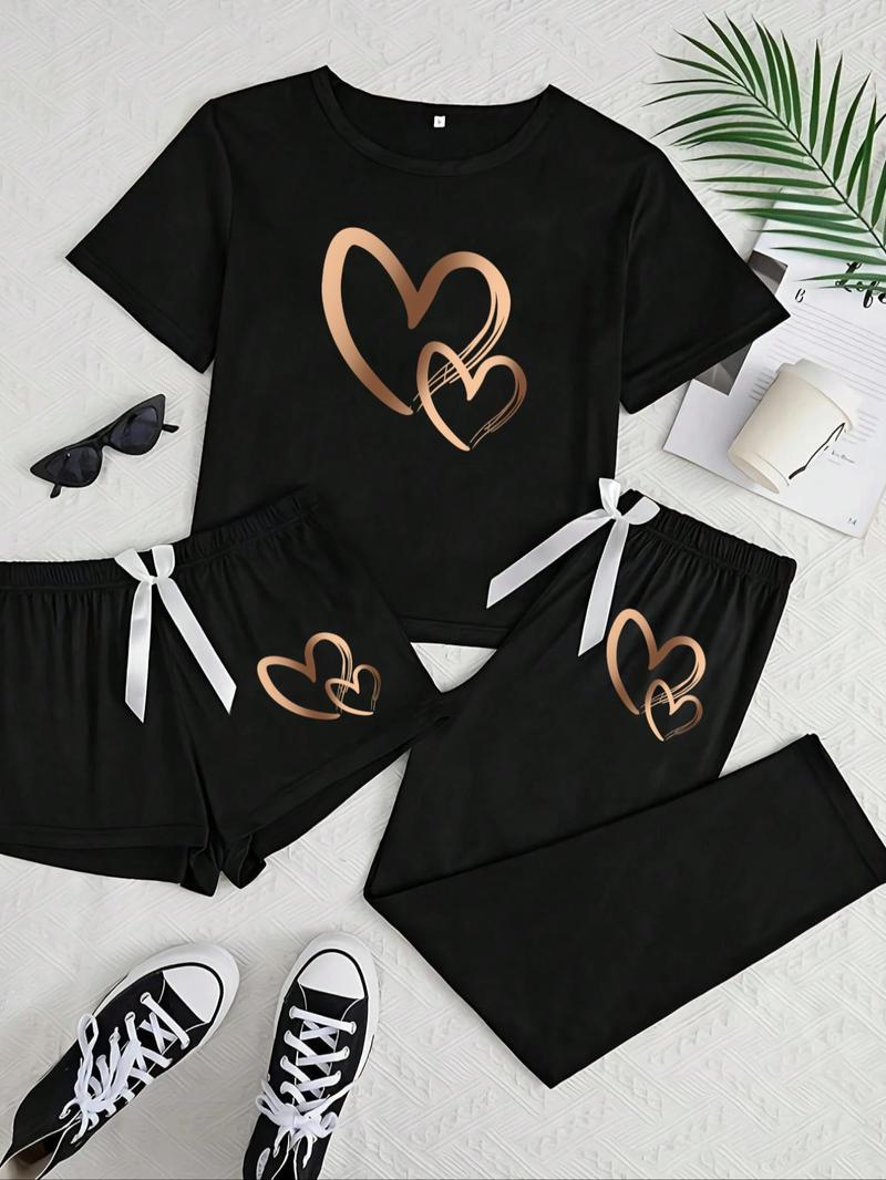 Women's Heart Print Tee & Pants & Shorts Pyjama Set, Casual Comfy Round Neck Short Sleeve T-Shirt & Trousers & Shorts PJ Set, Ladies Sleepwear for All Seasons, Loungewear, Shorts Pajama Set