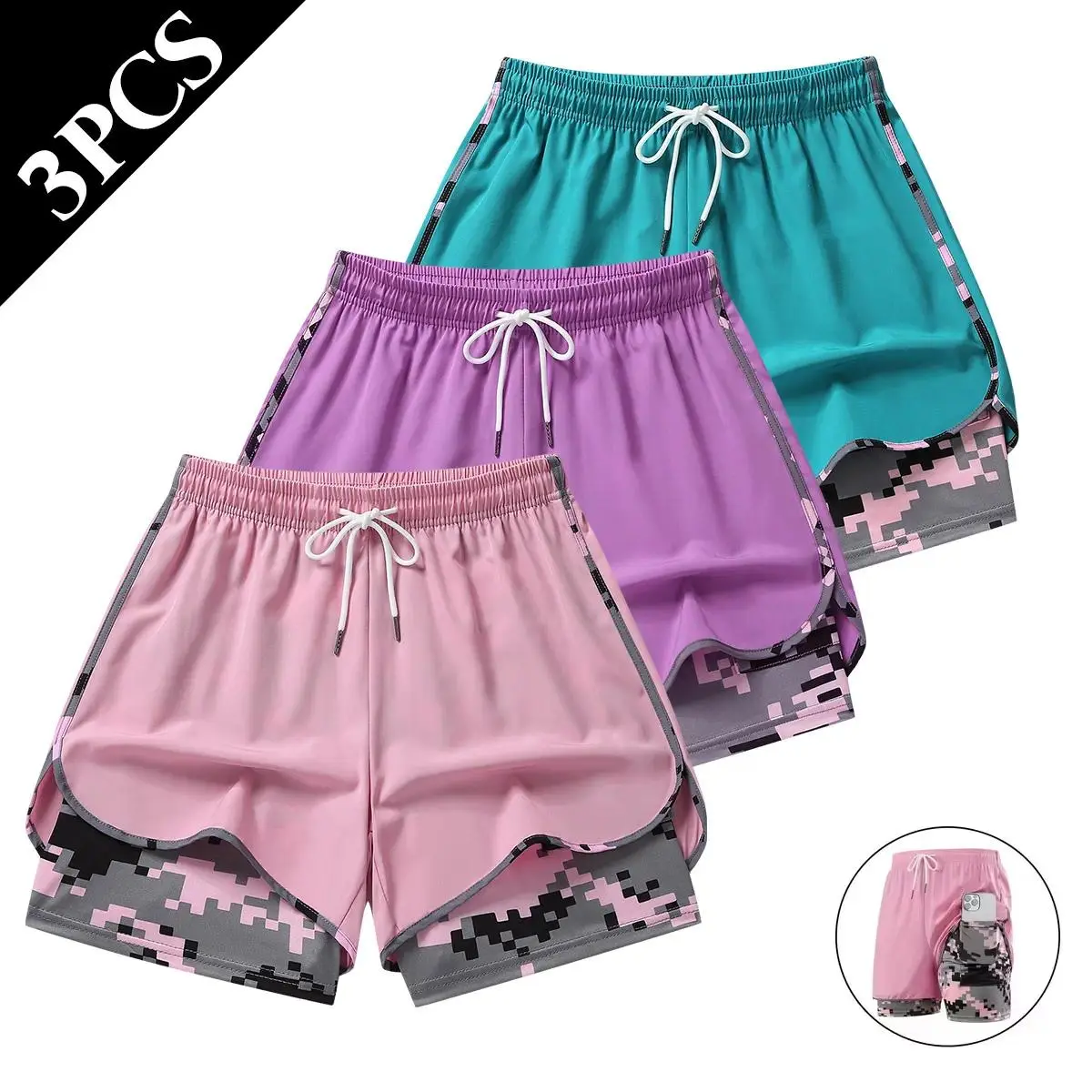 3-piece set of women's casual sports shorts - summer lightweight, double-layer breathable running shorts, suitable for yoga cycling, elastic waist, mid length to mid thigh, hidden pocket sports shorts