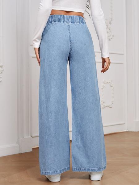 Women's Elastic Waist Wide Leg Jeans, Light Blue Loose Fit Denim Jeans, Comfortable Stretchy Waistband, Casual Daily Wear, Pants