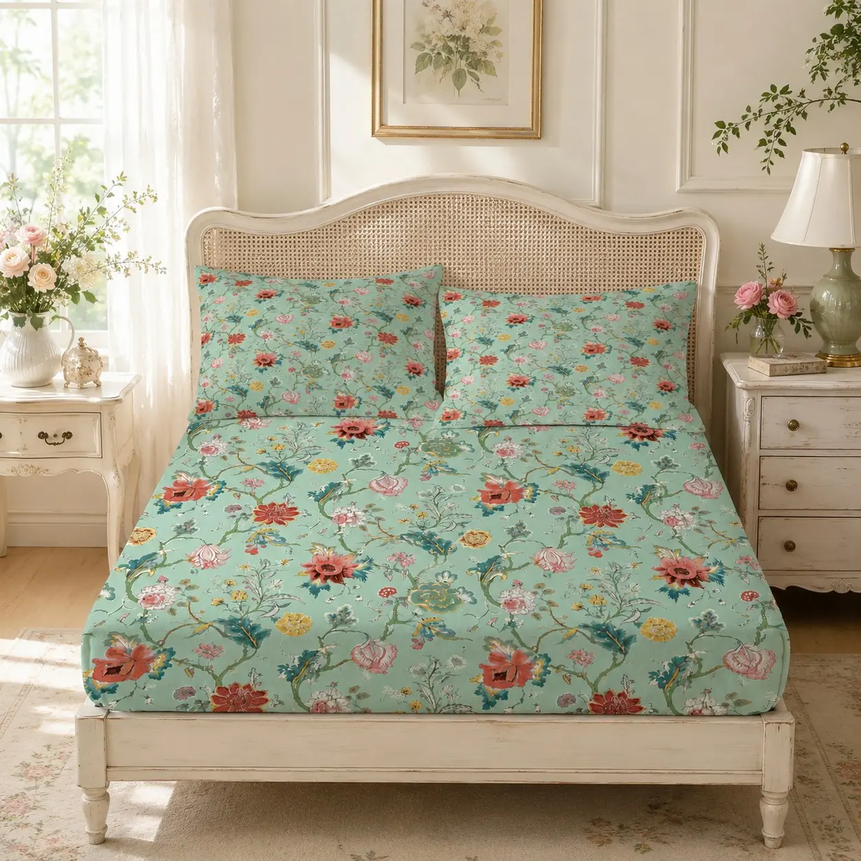 Vintage Floral Fitted Sheet Set, 3 Pieces (1 Fitted Sheet + 2 Pillowcases, No Pillow Insert Included), Botanical Floral Print, Floral Bedding, Deep Pocket Soft and Breathable Fabric, Ideal for Teens and Adults Bedroom Decor, Perfect Gift for Flower Lovers