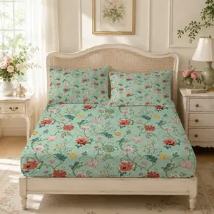 Vintage Floral Fitted Sheet Set, 3 Pieces (1 Fitted Sheet + 2 Pillowcases, No Pillow Insert Included), Botanical Floral Print, Floral Bedding, Deep Pocket Soft and Breathable Fabric, Ideal for Teens and Adults Bedroom Decor, Perfect Gift for Flower Lovers