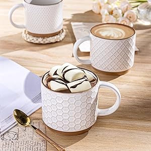12OZ Stackable Coffee Mugs, Ceramic Coffee Mugs with Texture Patterns for Man,Woman,Dad,Mom, Modern Coffee Mugs Set of 4 for Latte/Cappuccino/Cocoa.Dishwasher&Microwave Safe, Off White 12OZ Stackable Coffee Mugs, Ceramic Coffee Mugs with Texture Patterns for Man,Woman,Dad,Mom, Modern Coffee Mugs Set of 4 for Latte/Cappuccino/Cocoa.Dishwasher&Microwave Safe, Off White