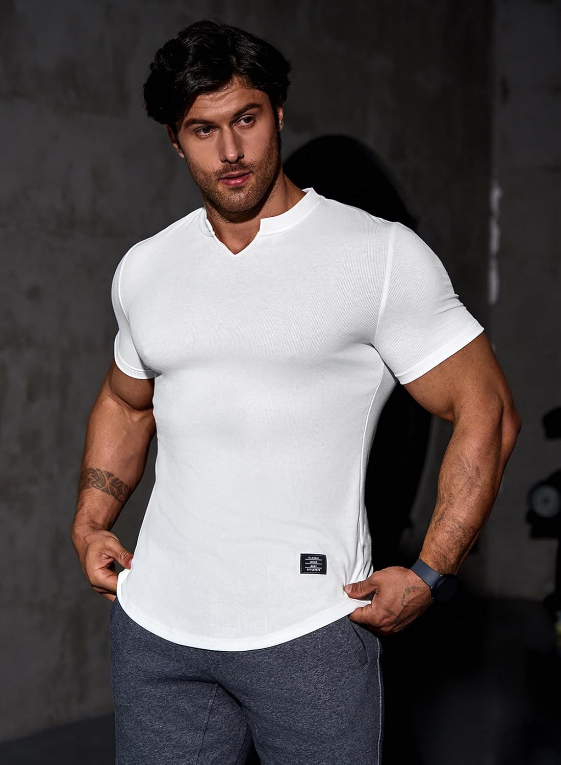 Mens Muscle Slim T Shirts Texture V Neck Longline Henley Gym Workout Athletic Tee Shirt