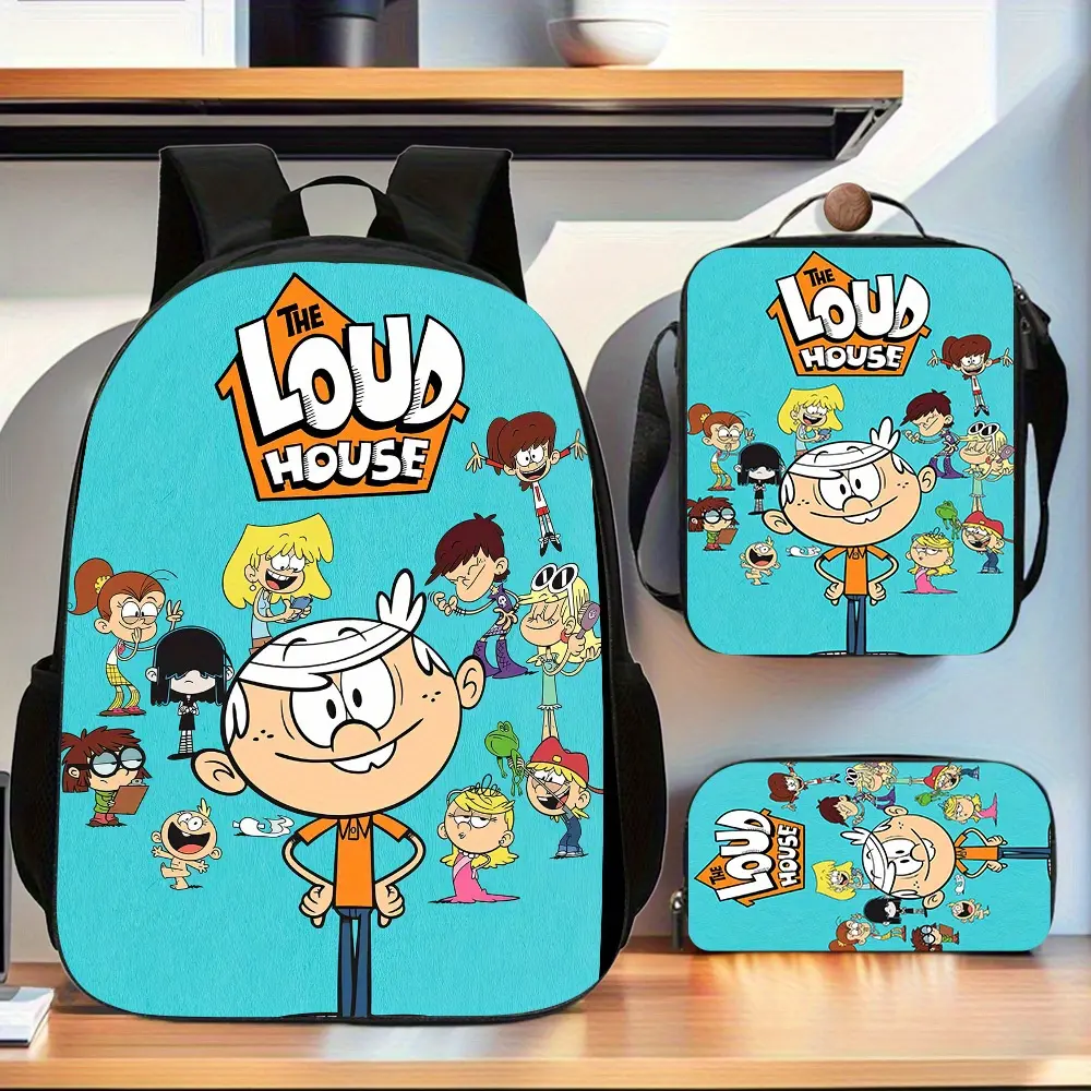 Durable Water Resistant 3-Piece Backpack Set for Kids, Lightweight School Bag with Lunch Box, The Loud House Cartoon Character Group Solid Cyan Background Print, Breathable Padded Straps Fits 15 Inch Laptop