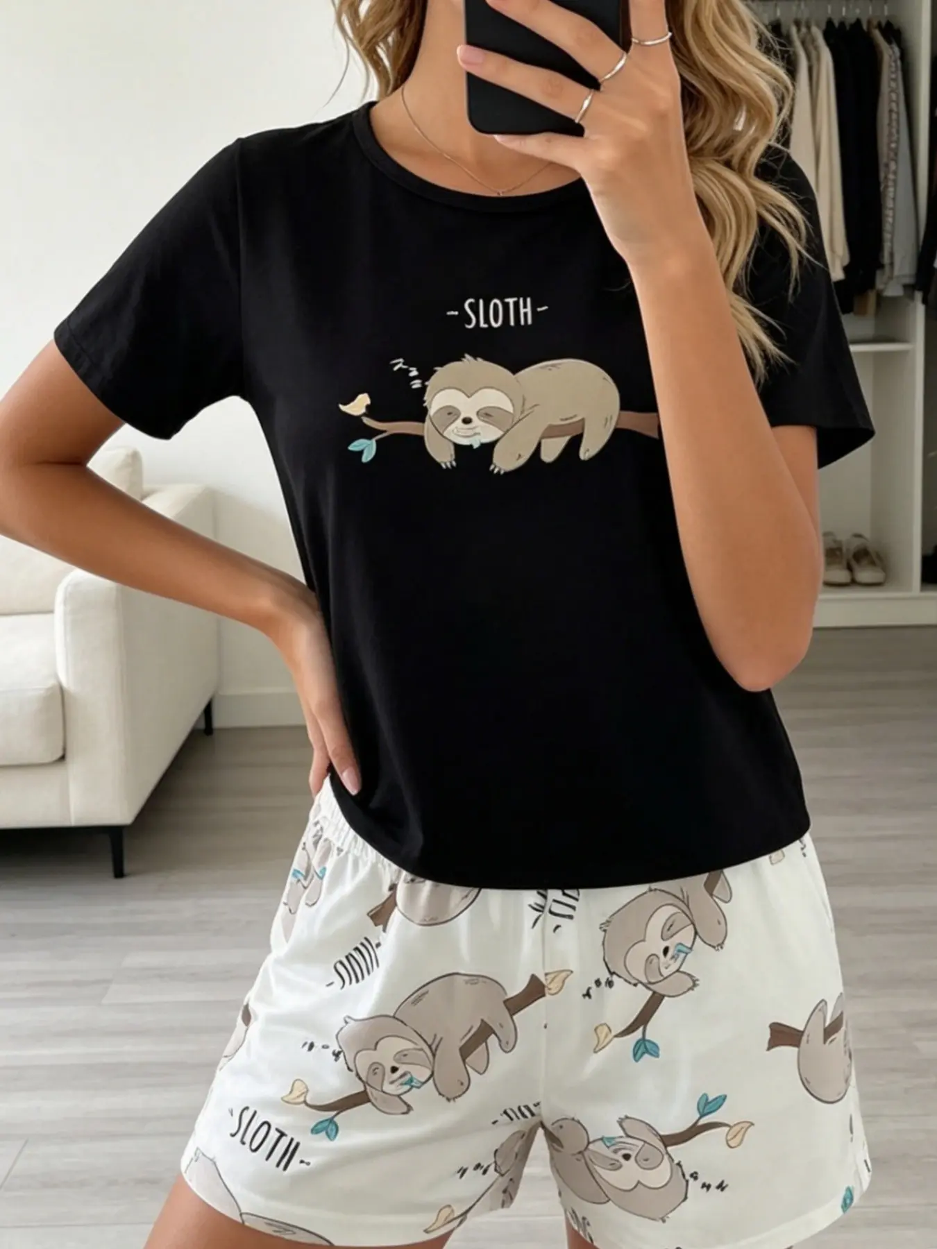 Women's Pajamas Cute Lazy Sloth Print Black White 2026 Trendy Summer Two Piece Short Sleeve Shorts Set Soft Cozy Loungewear Sleepwear Playful Adorable Round Neck Elastic Waist Loose Fit Funny Animal Pattern Casual Home Daily Sleep Outfit for Ladies